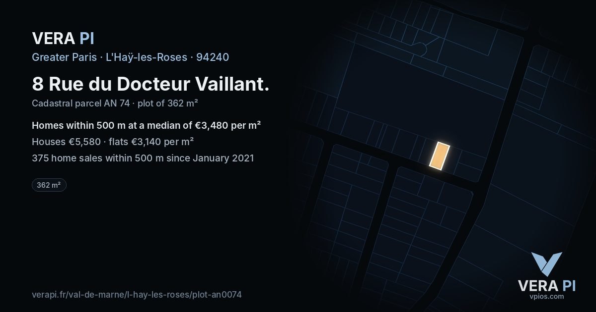 8 Rue du Docteur Vaillant, L'Haÿ-les-Roses at night – the plot lit, the parcels around coloured by the prices near them