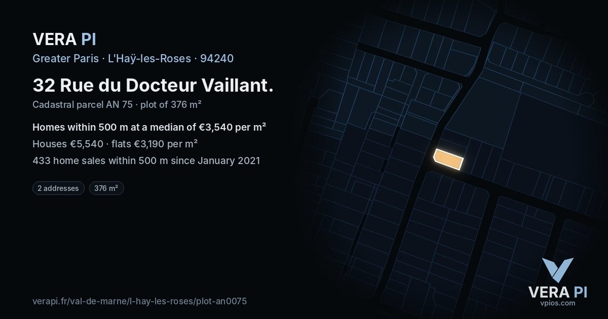 32 Rue du Docteur Vaillant, L'Haÿ-les-Roses at night – the plot lit, the parcels around coloured by the prices near them
