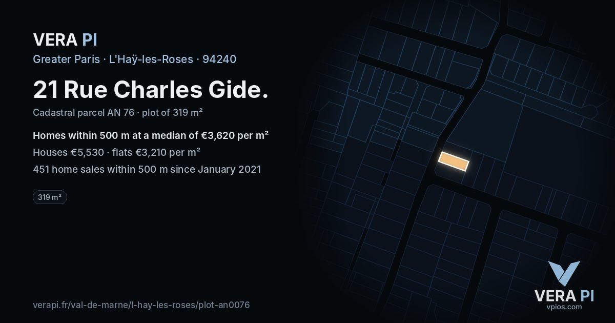 21 Rue Charles Gide, L'Haÿ-les-Roses at night – the plot lit, the parcels around coloured by the prices near them