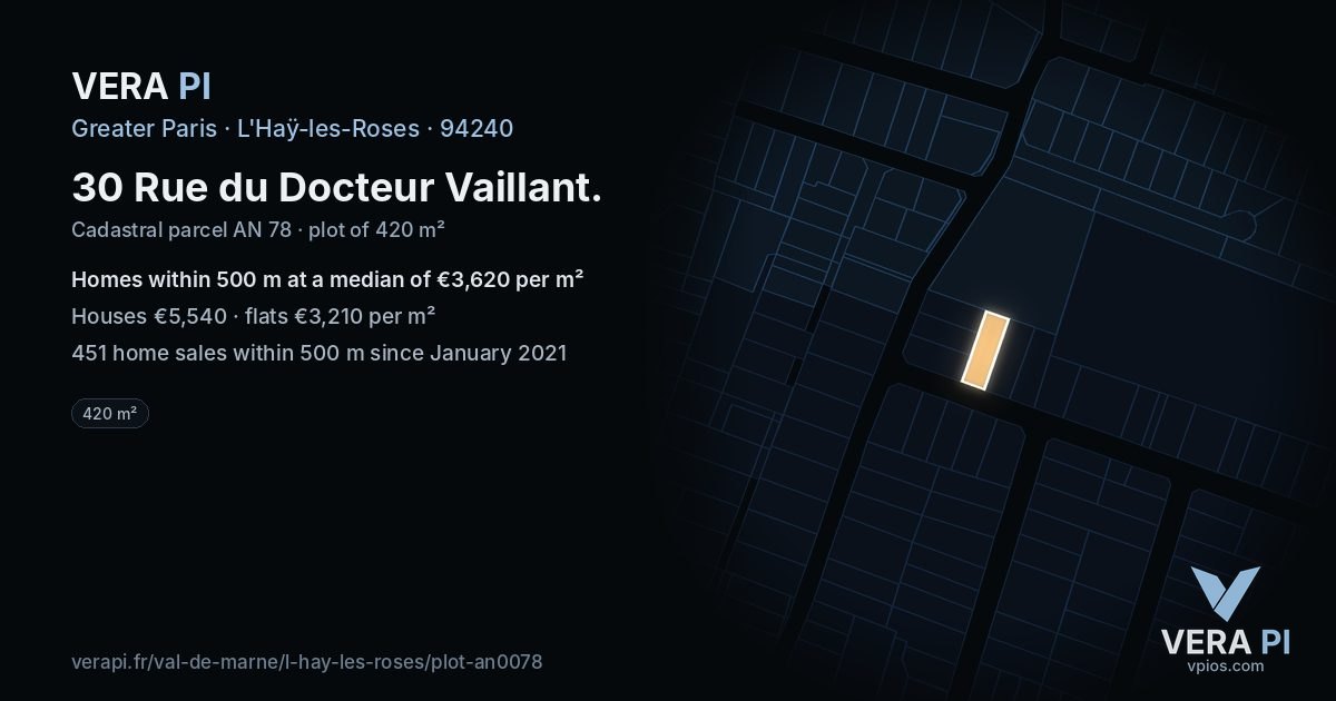 30 Rue du Docteur Vaillant, L'Haÿ-les-Roses at night – the plot lit, the parcels around coloured by the prices near them