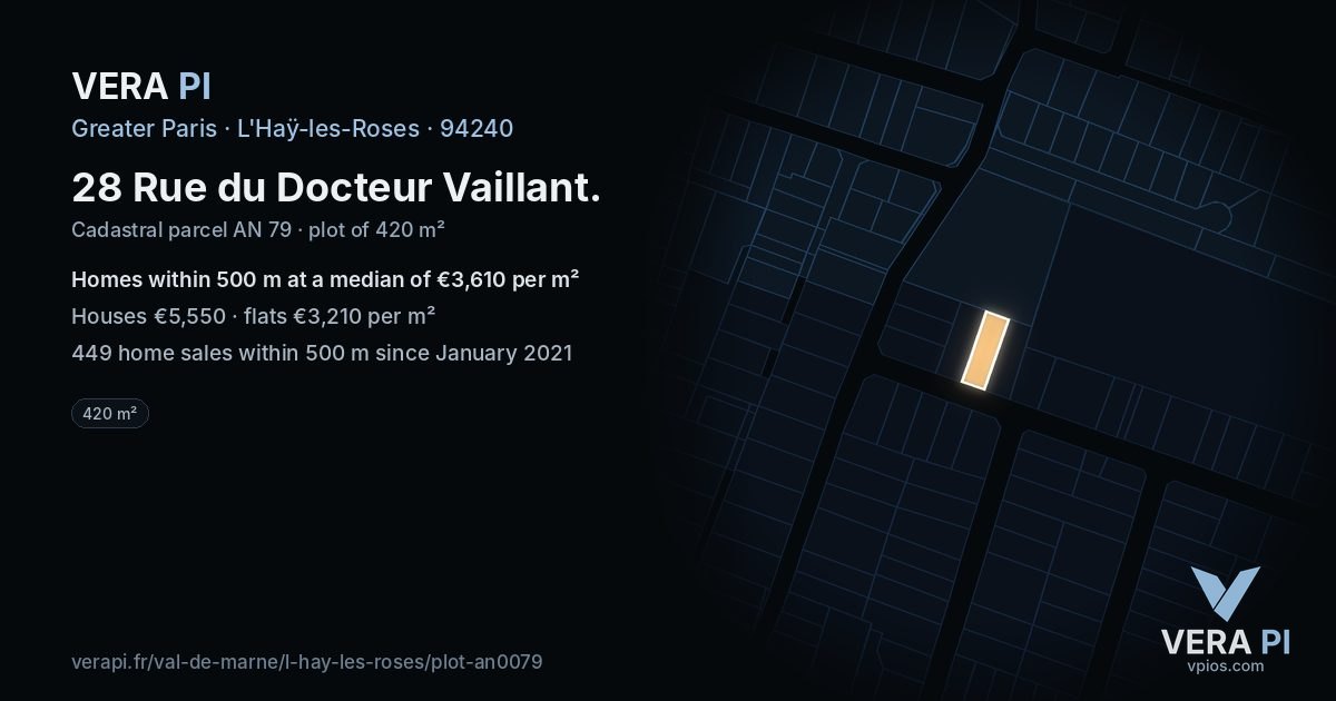 28 Rue du Docteur Vaillant, L'Haÿ-les-Roses at night – the plot lit, the parcels around coloured by the prices near them