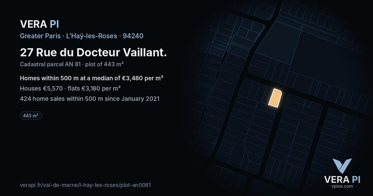 27 Rue du Docteur Vaillant, L'Haÿ-les-Roses at night – the plot lit, the parcels around coloured by the prices near them