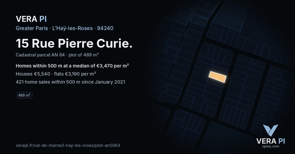 15 Rue Pierre Curie, L'Haÿ-les-Roses at night – the plot lit, the parcels around coloured by the prices near them