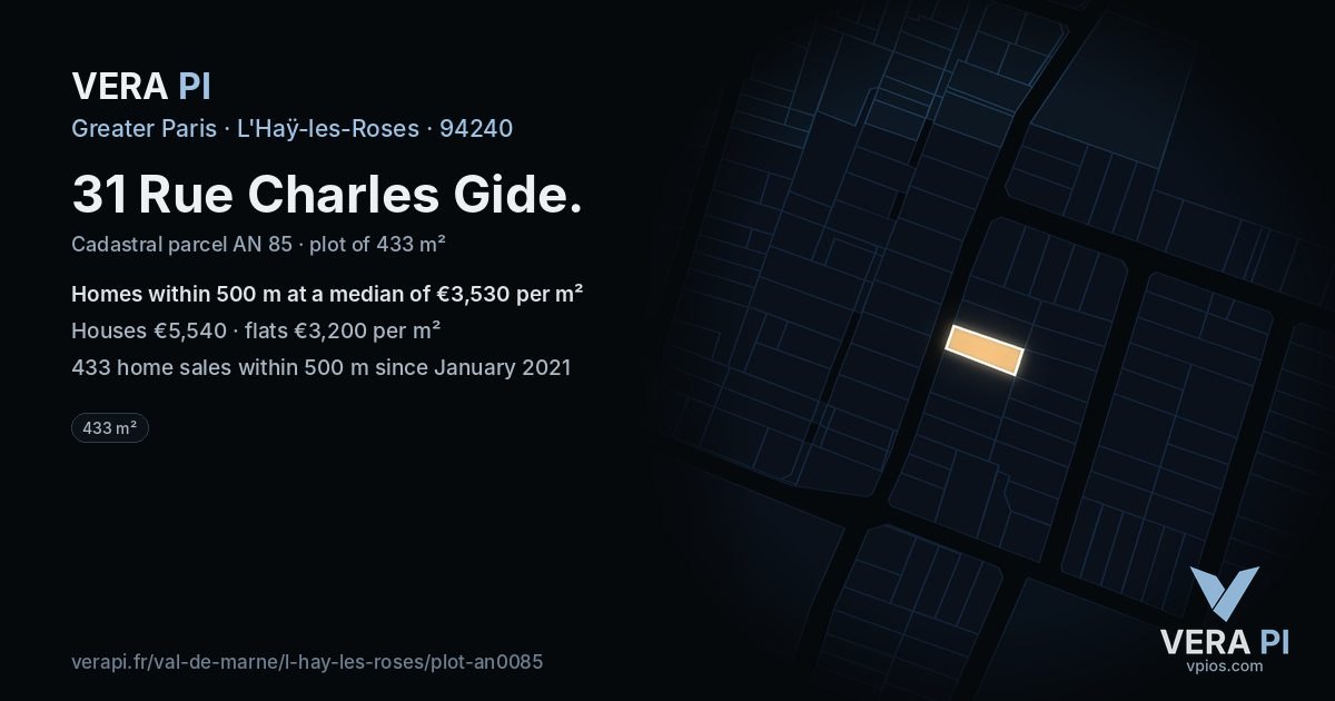 31 Rue Charles Gide, L'Haÿ-les-Roses at night – the plot lit, the parcels around coloured by the prices near them