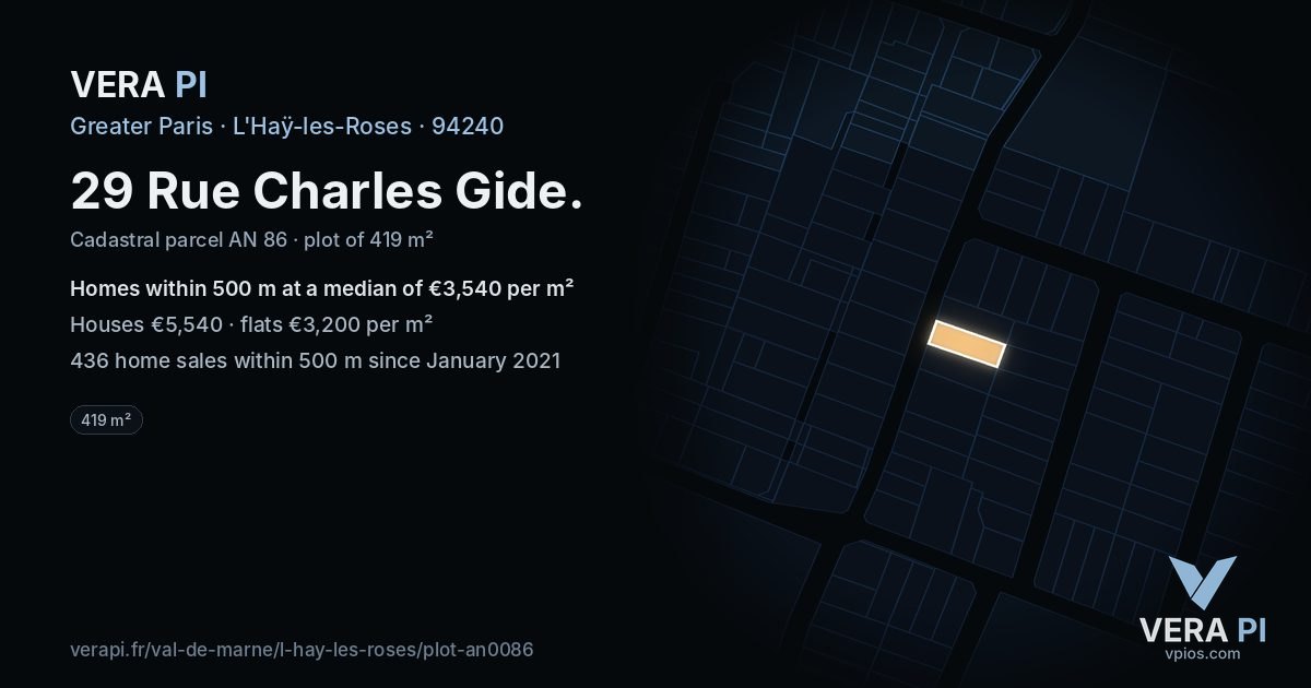 29 Rue Charles Gide, L'Haÿ-les-Roses at night – the plot lit, the parcels around coloured by the prices near them