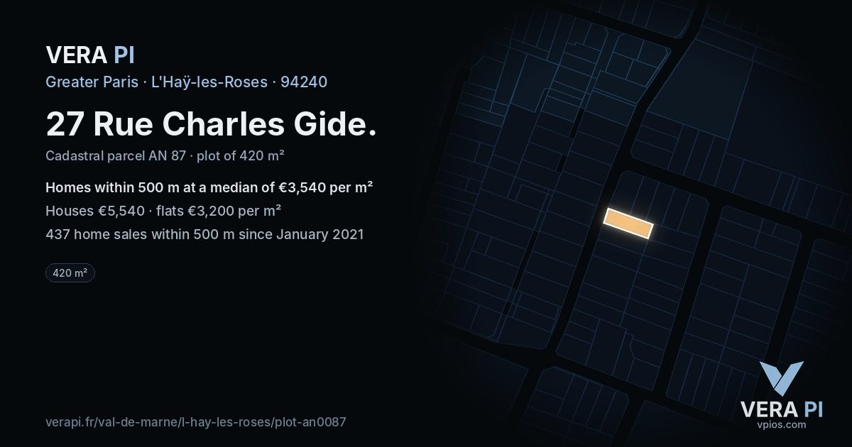 27 Rue Charles Gide, L'Haÿ-les-Roses at night – the plot lit, the parcels around coloured by the prices near them