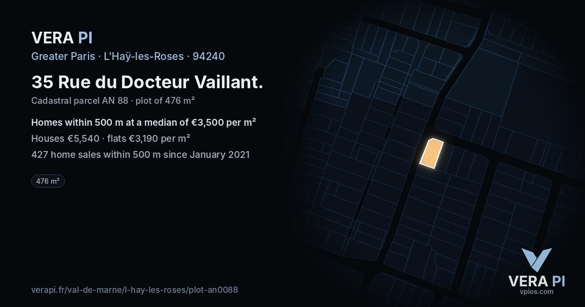 35 Rue du Docteur Vaillant, L'Haÿ-les-Roses at night – the plot lit, the parcels around coloured by the prices near them