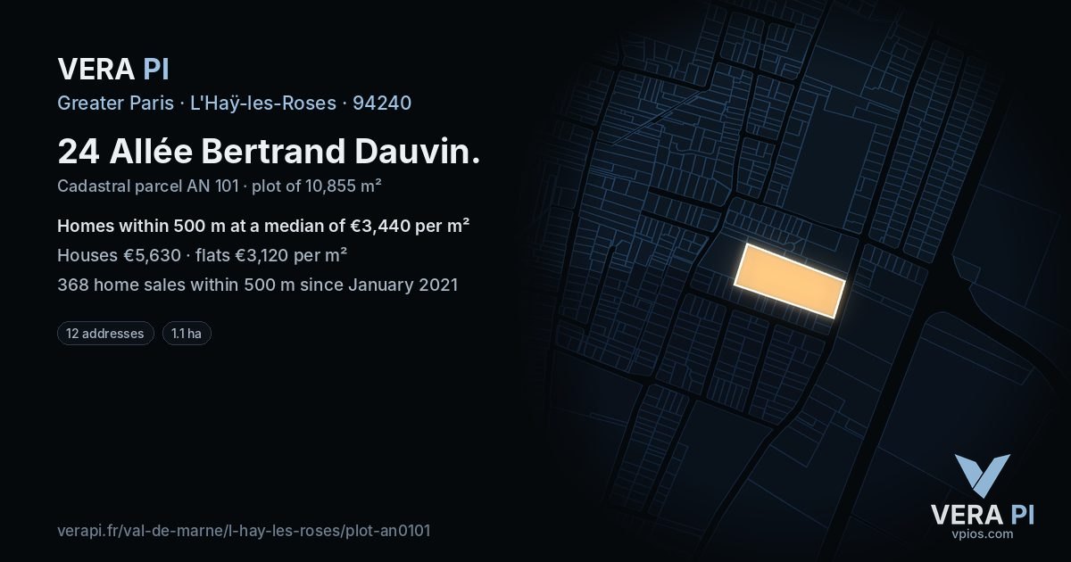 24 Allée Bertrand Dauvin, L'Haÿ-les-Roses at night – the plot lit, the parcels around coloured by the prices near them