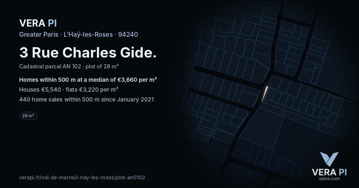 3 Rue Charles Gide, L'Haÿ-les-Roses at night – the plot lit, the parcels around coloured by the prices near them