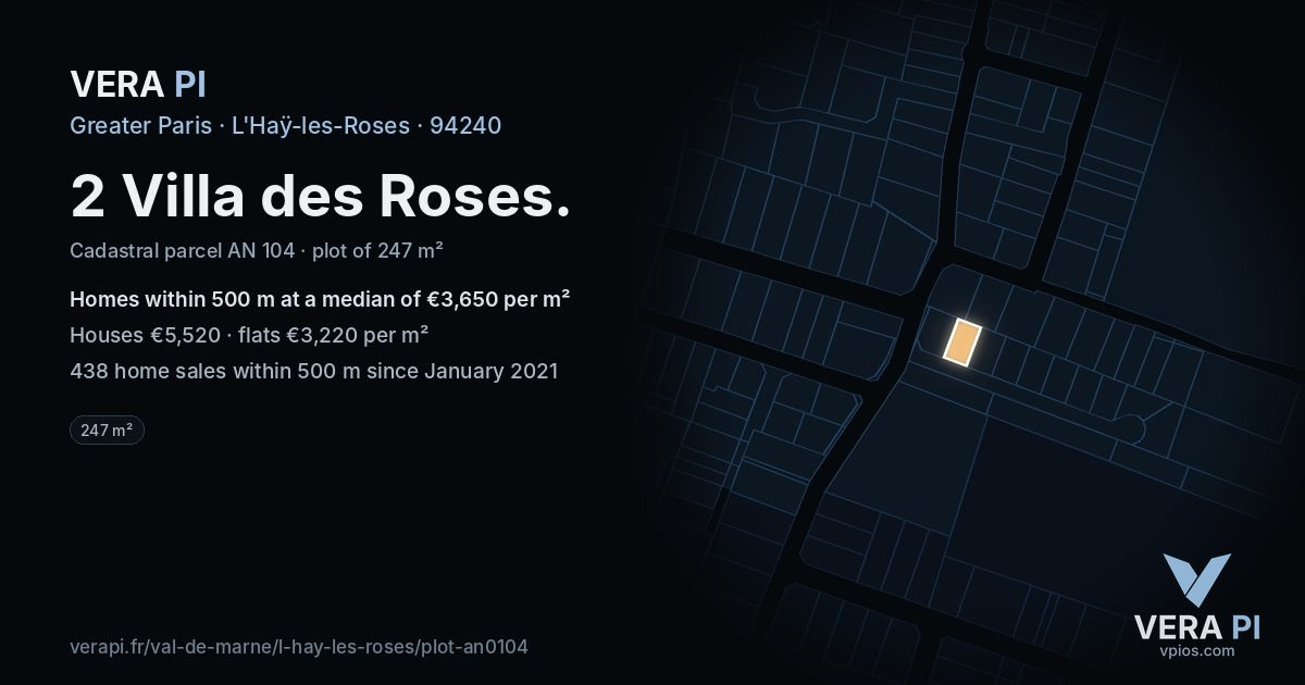 2 Villa des Roses, L'Haÿ-les-Roses at night – the plot lit, the parcels around coloured by the prices near them