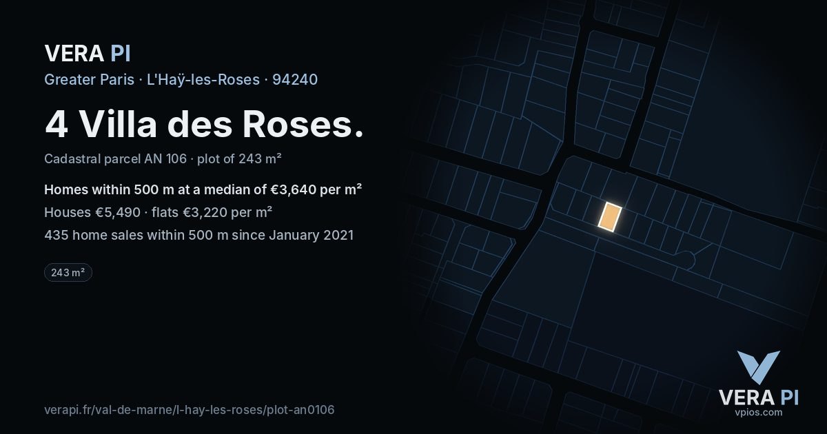 4 Villa des Roses, L'Haÿ-les-Roses at night – the plot lit, the parcels around coloured by the prices near them
