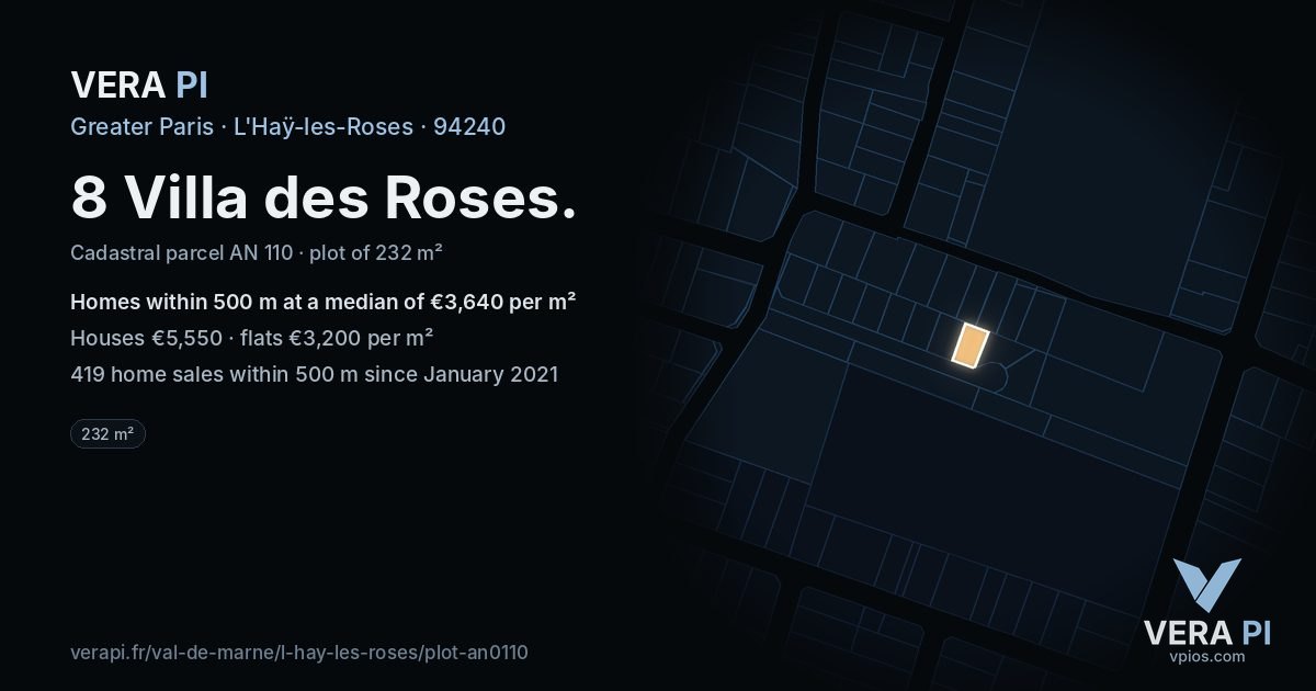 8 Villa des Roses, L'Haÿ-les-Roses at night – the plot lit, the parcels around coloured by the prices near them