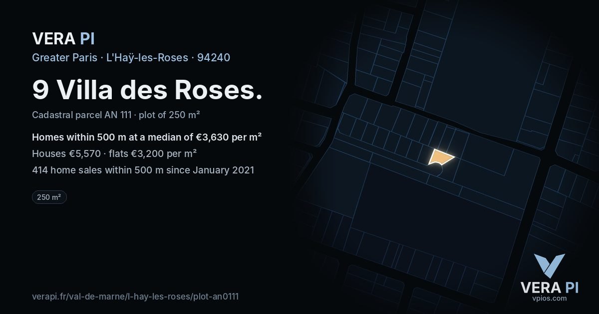 9 Villa des Roses, L'Haÿ-les-Roses at night – the plot lit, the parcels around coloured by the prices near them