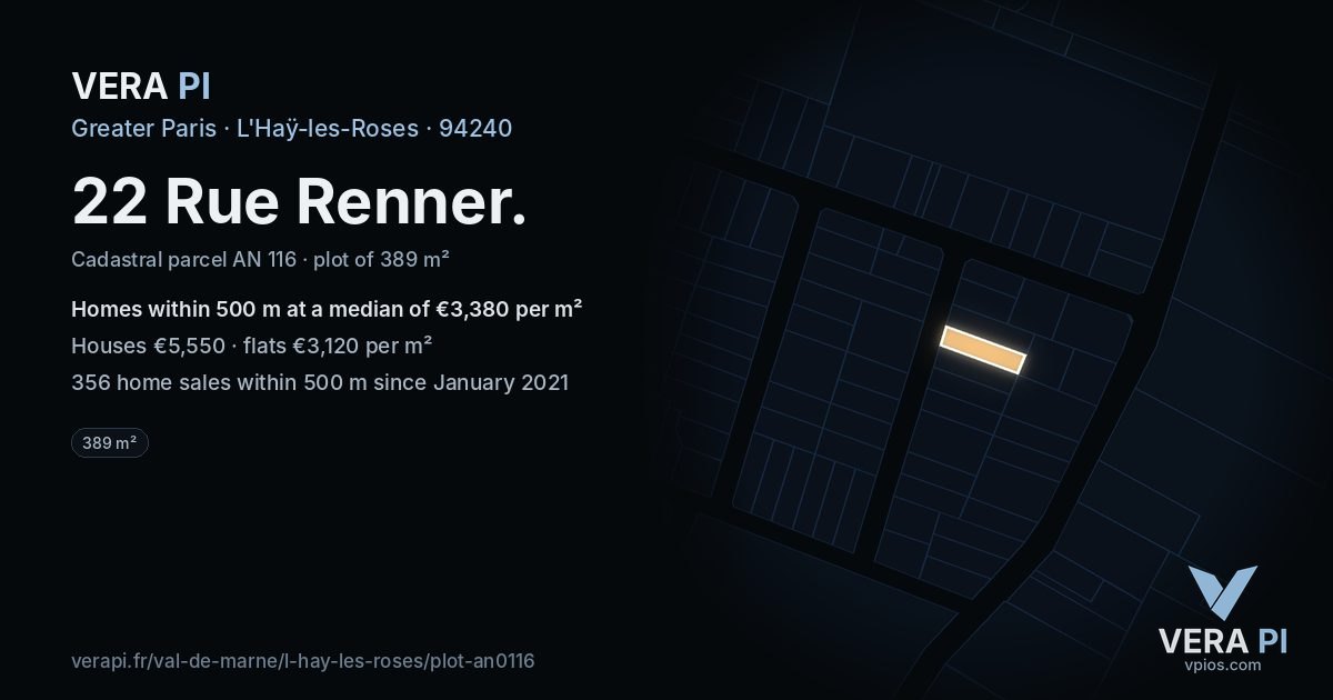22 Rue Renner, L'Haÿ-les-Roses at night – the plot lit, the parcels around coloured by the prices near them
