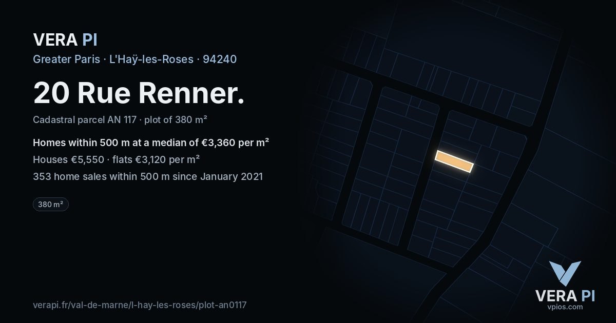 20 Rue Renner, L'Haÿ-les-Roses at night – the plot lit, the parcels around coloured by the prices near them