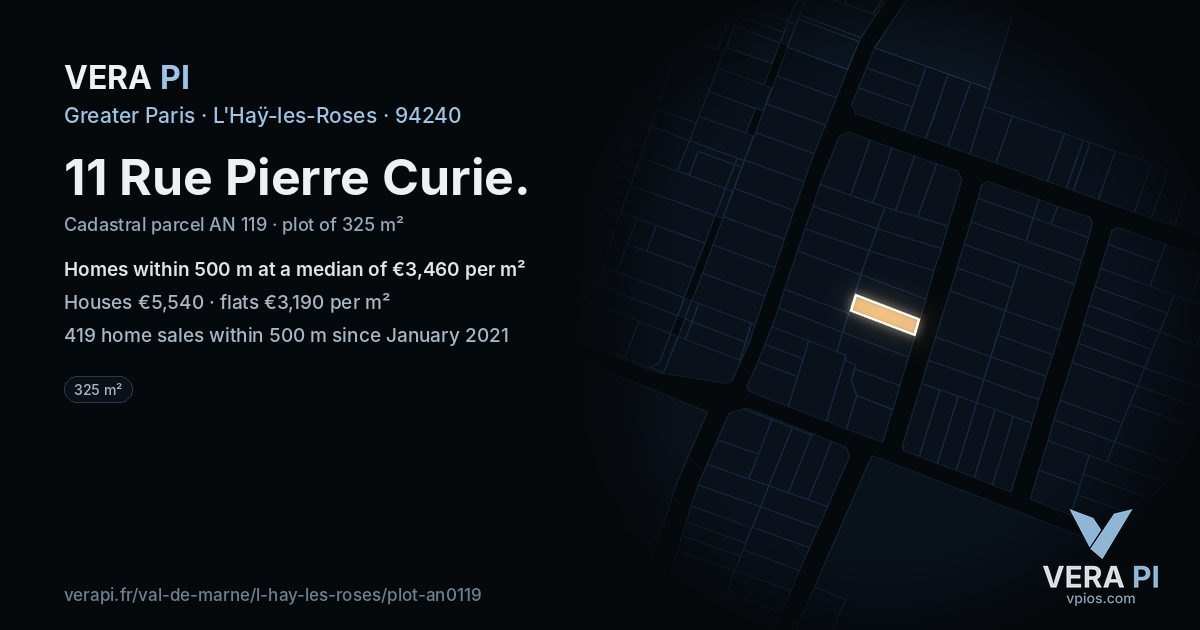 11 Rue Pierre Curie, L'Haÿ-les-Roses at night – the plot lit, the parcels around coloured by the prices near them