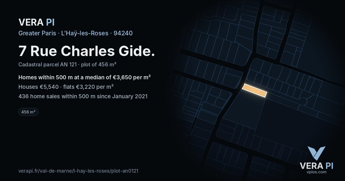 7 Rue Charles Gide, L'Haÿ-les-Roses at night – the plot lit, the parcels around coloured by the prices near them