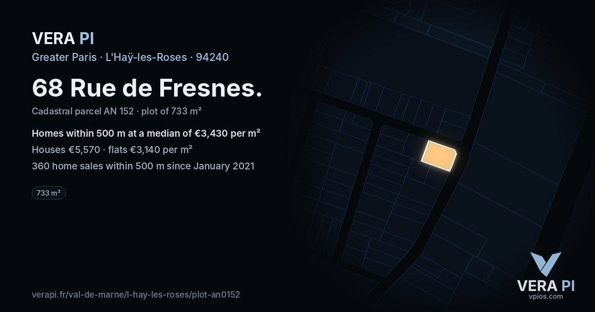 68 Rue de Fresnes, L'Haÿ-les-Roses at night – the plot lit, the parcels around coloured by the prices near them