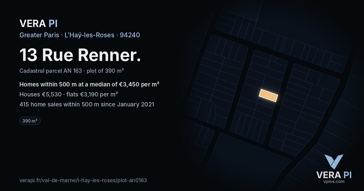 13 Rue Renner, L'Haÿ-les-Roses at night – the plot lit, the parcels around coloured by the prices near them