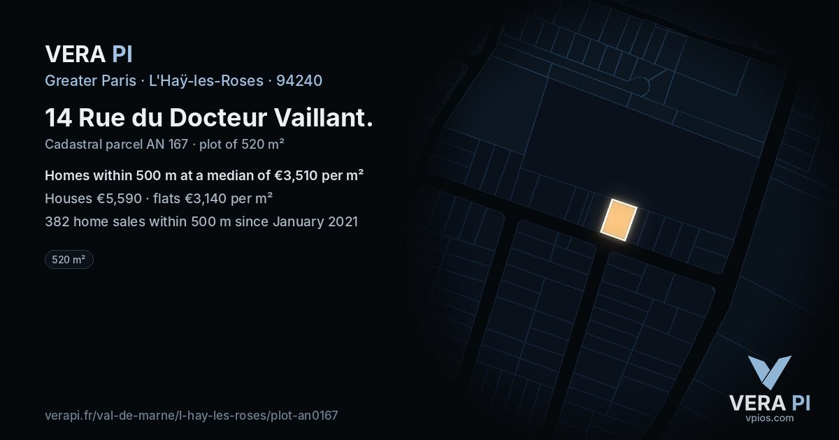 14 Rue du Docteur Vaillant, L'Haÿ-les-Roses at night – the plot lit, the parcels around coloured by the prices near them