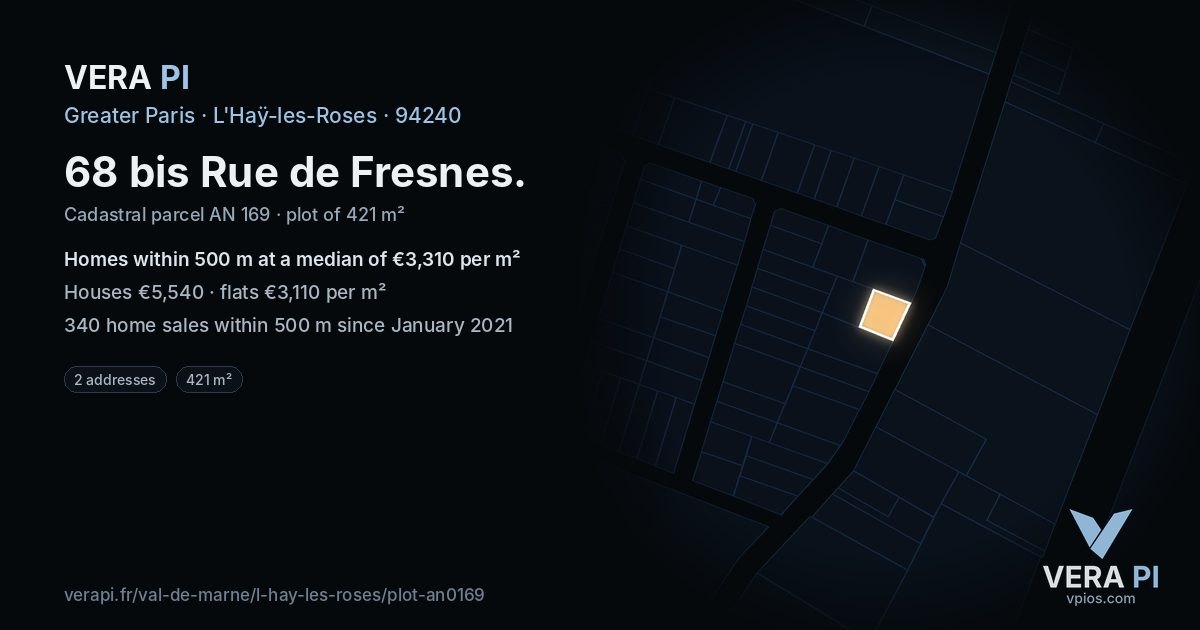 68 bis Rue de Fresnes, L'Haÿ-les-Roses at night – the plot lit, the parcels around coloured by the prices near them