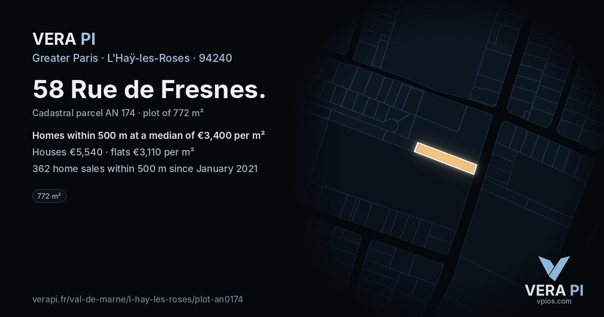 58 Rue de Fresnes, L'Haÿ-les-Roses at night – the plot lit, the parcels around coloured by the prices near them