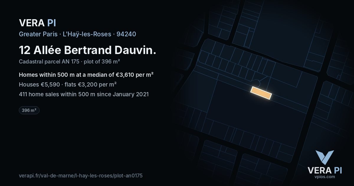 12 Allée Bertrand Dauvin, L'Haÿ-les-Roses at night – the plot lit, the parcels around coloured by the prices near them