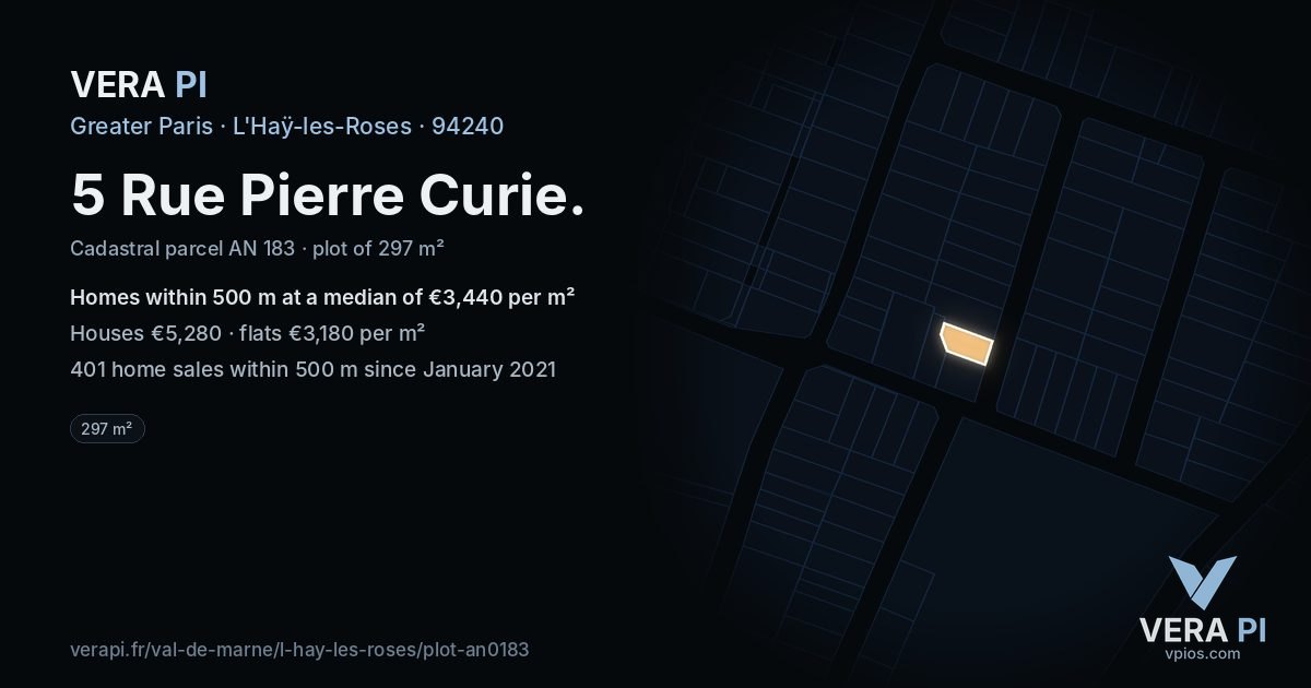 5 Rue Pierre Curie, L'Haÿ-les-Roses at night – the plot lit, the parcels around coloured by the prices near them