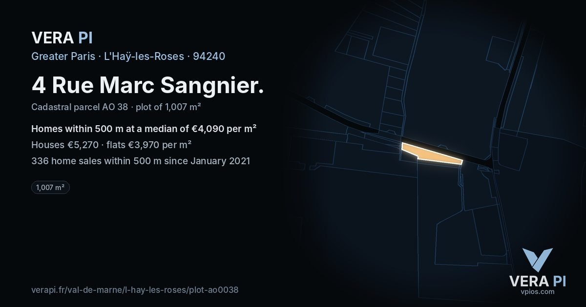 4 Rue Marc Sangnier, L'Haÿ-les-Roses at night – the plot lit, the parcels around coloured by the prices near them