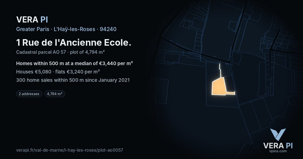 1 Rue de l'Ancienne Ecole, L'Haÿ-les-Roses at night – the plot lit, the parcels around coloured by the prices near them
