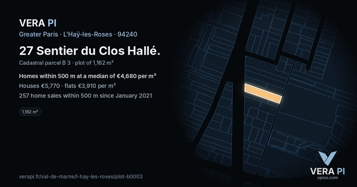 27 Sentier du Clos Hallé, L'Haÿ-les-Roses at night – the plot lit, the parcels around coloured by the prices near them