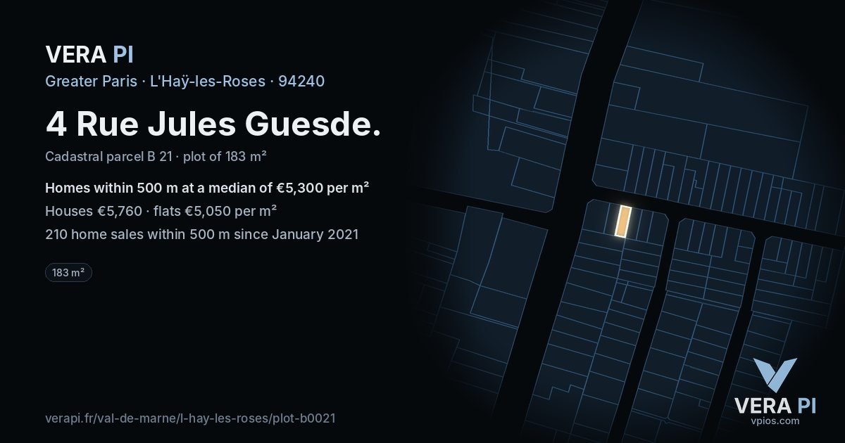 4 Rue Jules Guesde, L'Haÿ-les-Roses at night – the plot lit, the parcels around coloured by the prices near them
