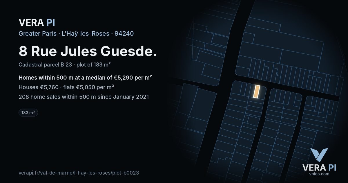 8 Rue Jules Guesde, L'Haÿ-les-Roses at night – the plot lit, the parcels around coloured by the prices near them