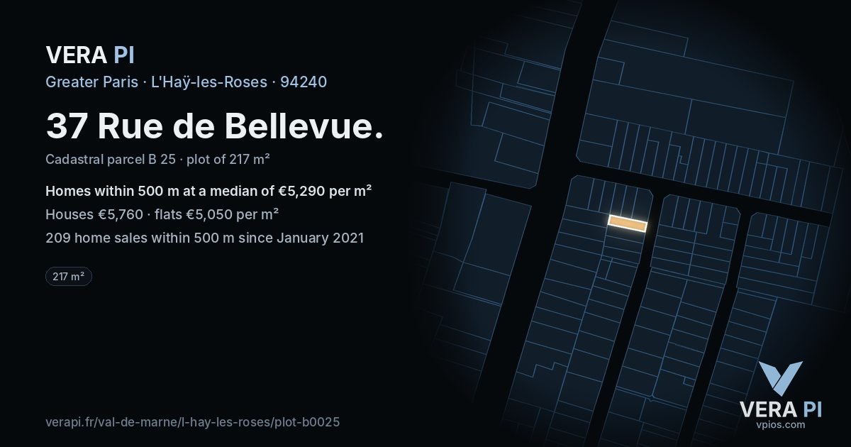 37 Rue de Bellevue, L'Haÿ-les-Roses at night – the plot lit, the parcels around coloured by the prices near them
