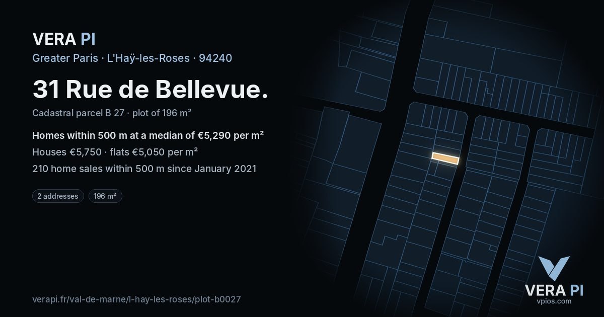 31 Rue de Bellevue, L'Haÿ-les-Roses at night – the plot lit, the parcels around coloured by the prices near them