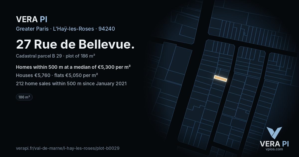 27 Rue de Bellevue, L'Haÿ-les-Roses at night – the plot lit, the parcels around coloured by the prices near them