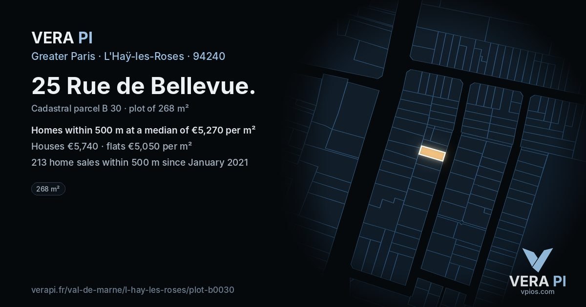25 Rue de Bellevue, L'Haÿ-les-Roses at night – the plot lit, the parcels around coloured by the prices near them