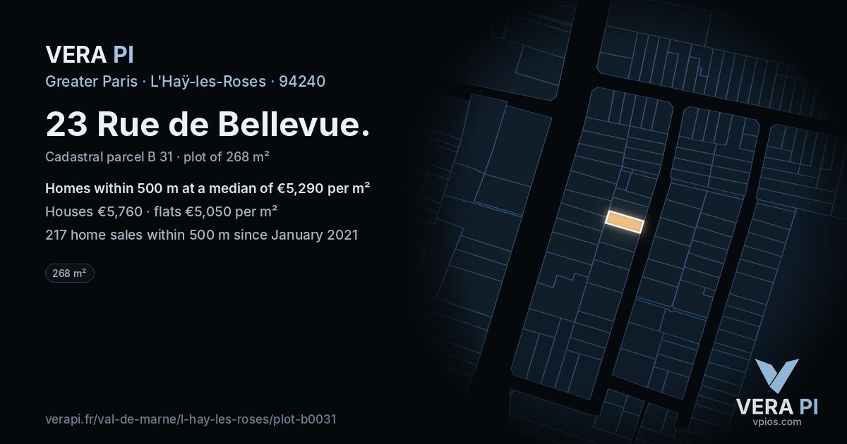 23 Rue de Bellevue, L'Haÿ-les-Roses at night – the plot lit, the parcels around coloured by the prices near them