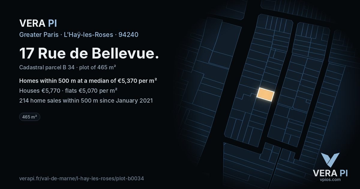 17 Rue de Bellevue, L'Haÿ-les-Roses at night – the plot lit, the parcels around coloured by the prices near them