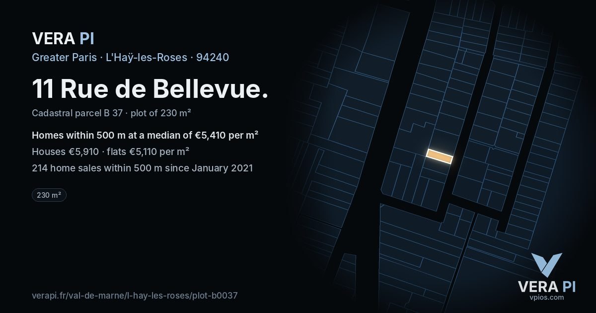 11 Rue de Bellevue, L'Haÿ-les-Roses at night – the plot lit, the parcels around coloured by the prices near them