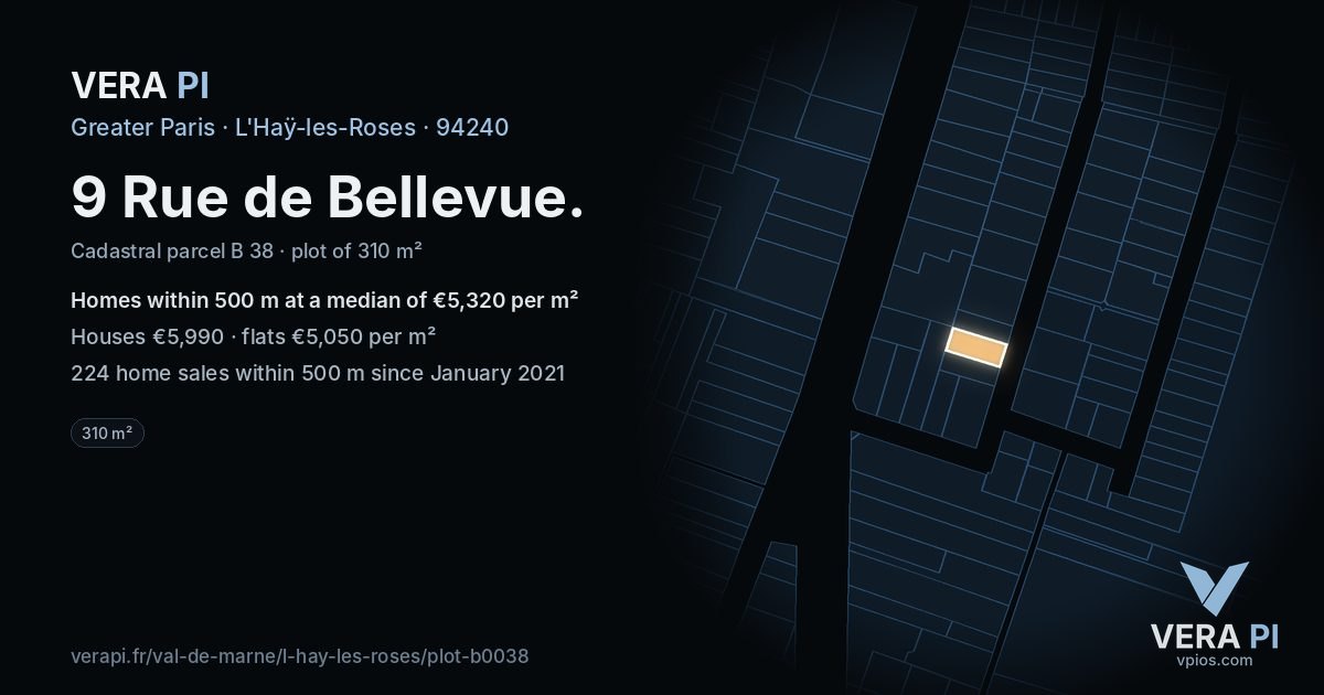9 Rue de Bellevue, L'Haÿ-les-Roses at night – the plot lit, the parcels around coloured by the prices near them