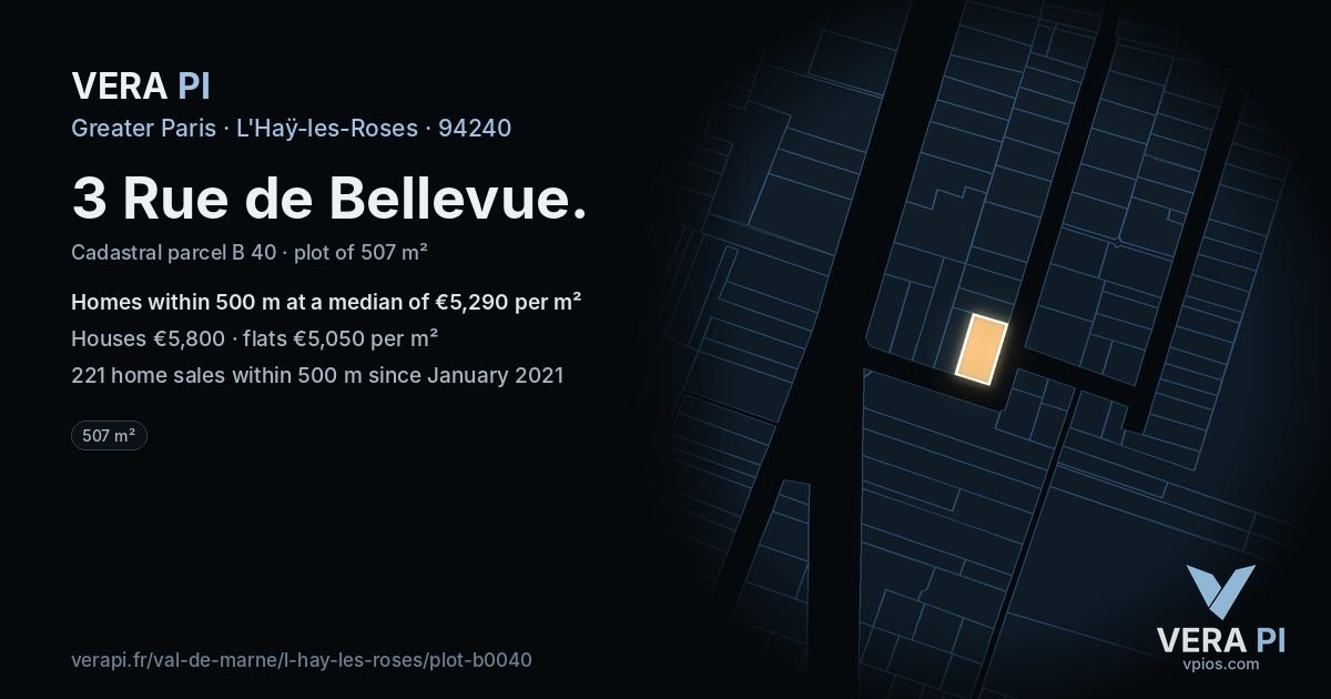 3 Rue de Bellevue, L'Haÿ-les-Roses at night – the plot lit, the parcels around coloured by the prices near them