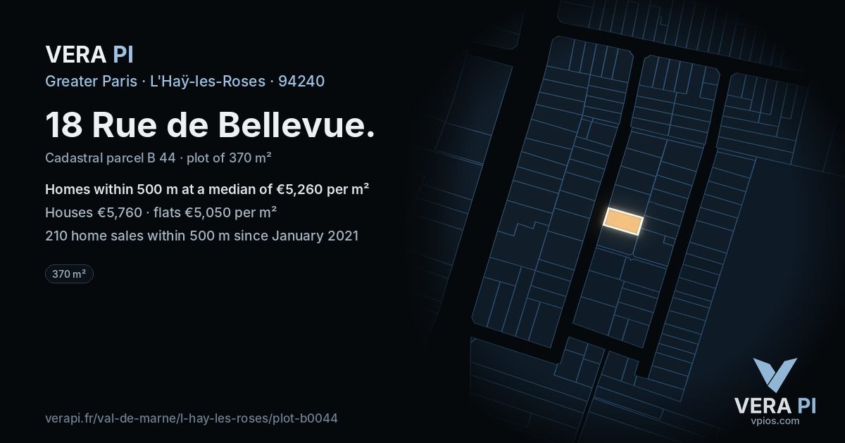 18 Rue de Bellevue, L'Haÿ-les-Roses at night – the plot lit, the parcels around coloured by the prices near them