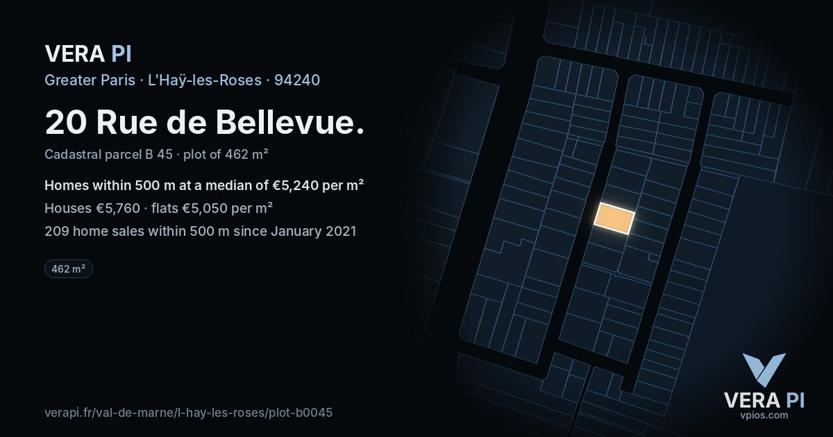 20 Rue de Bellevue, L'Haÿ-les-Roses at night – the plot lit, the parcels around coloured by the prices near them