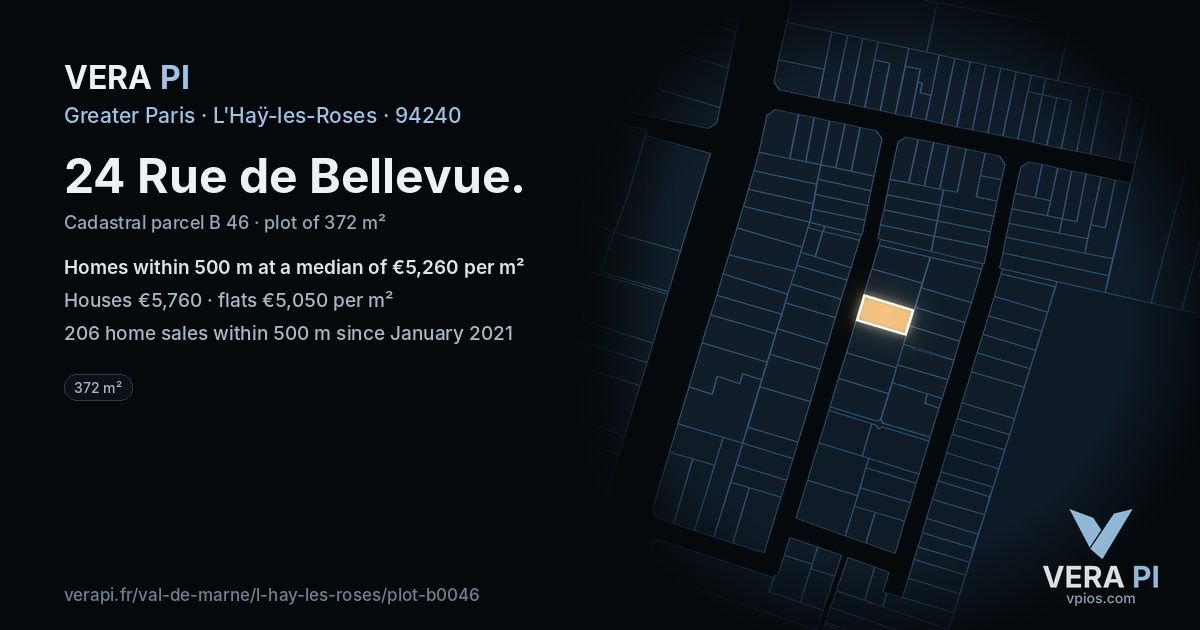 24 Rue de Bellevue, L'Haÿ-les-Roses at night – the plot lit, the parcels around coloured by the prices near them