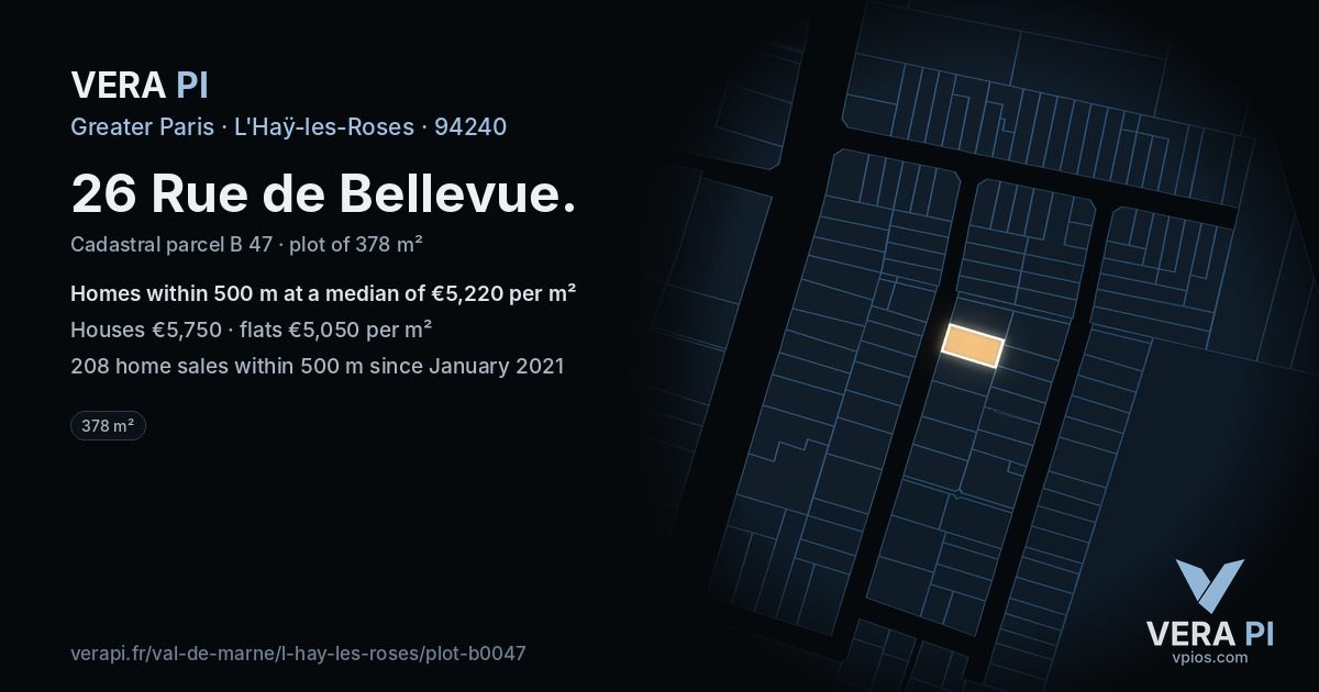 26 Rue de Bellevue, L'Haÿ-les-Roses at night – the plot lit, the parcels around coloured by the prices near them