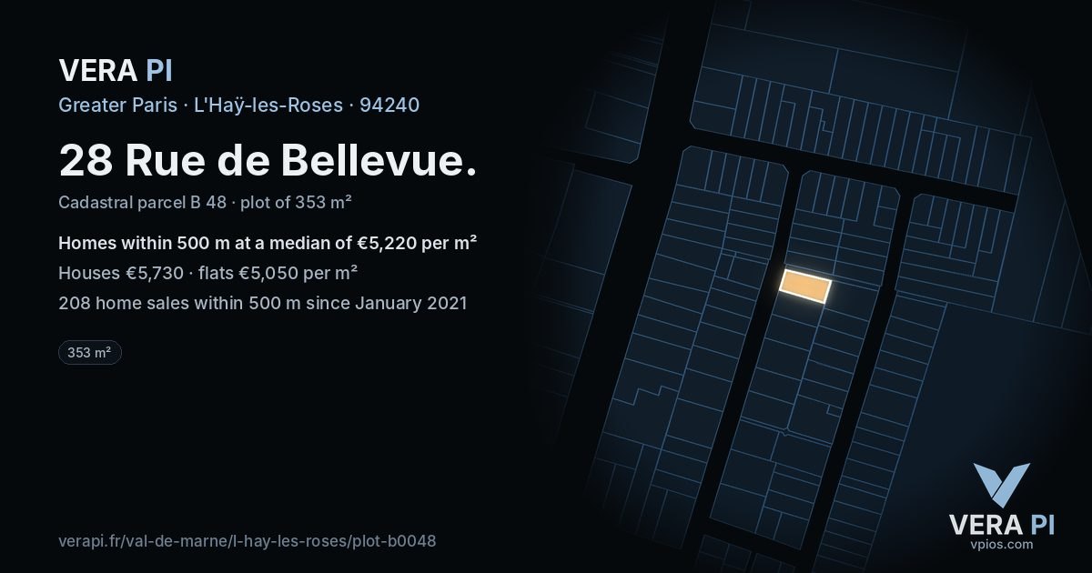 28 Rue de Bellevue, L'Haÿ-les-Roses at night – the plot lit, the parcels around coloured by the prices near them