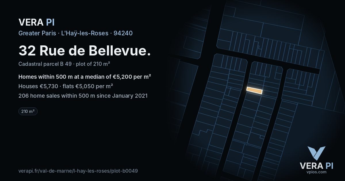32 Rue de Bellevue, L'Haÿ-les-Roses at night – the plot lit, the parcels around coloured by the prices near them