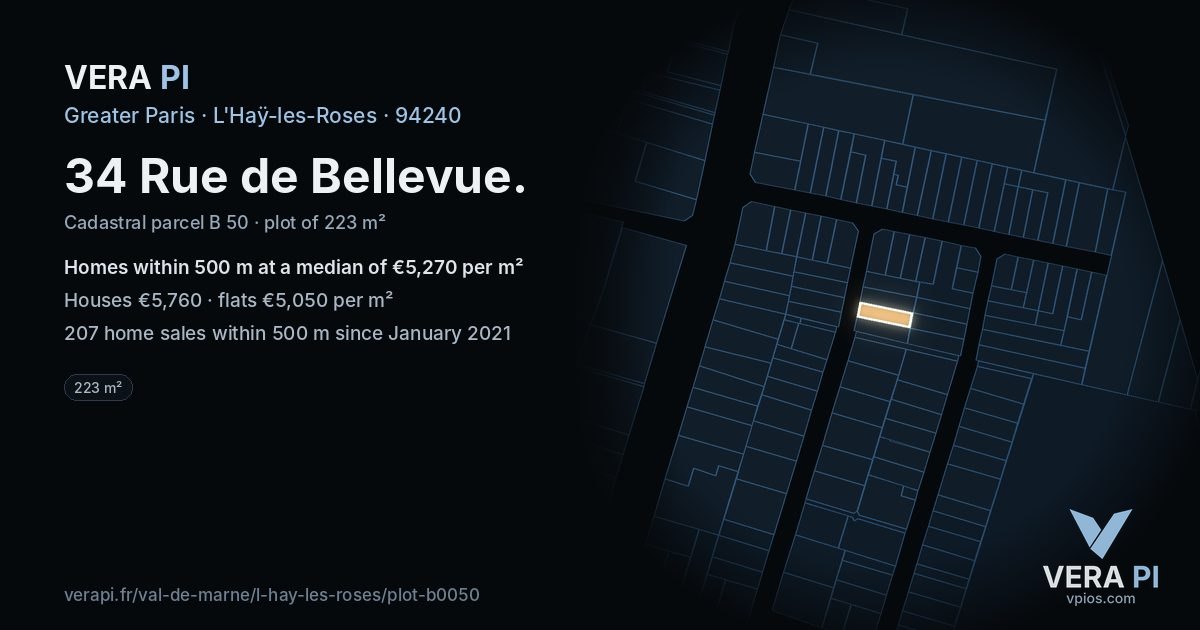 34 Rue de Bellevue, L'Haÿ-les-Roses at night – the plot lit, the parcels around coloured by the prices near them