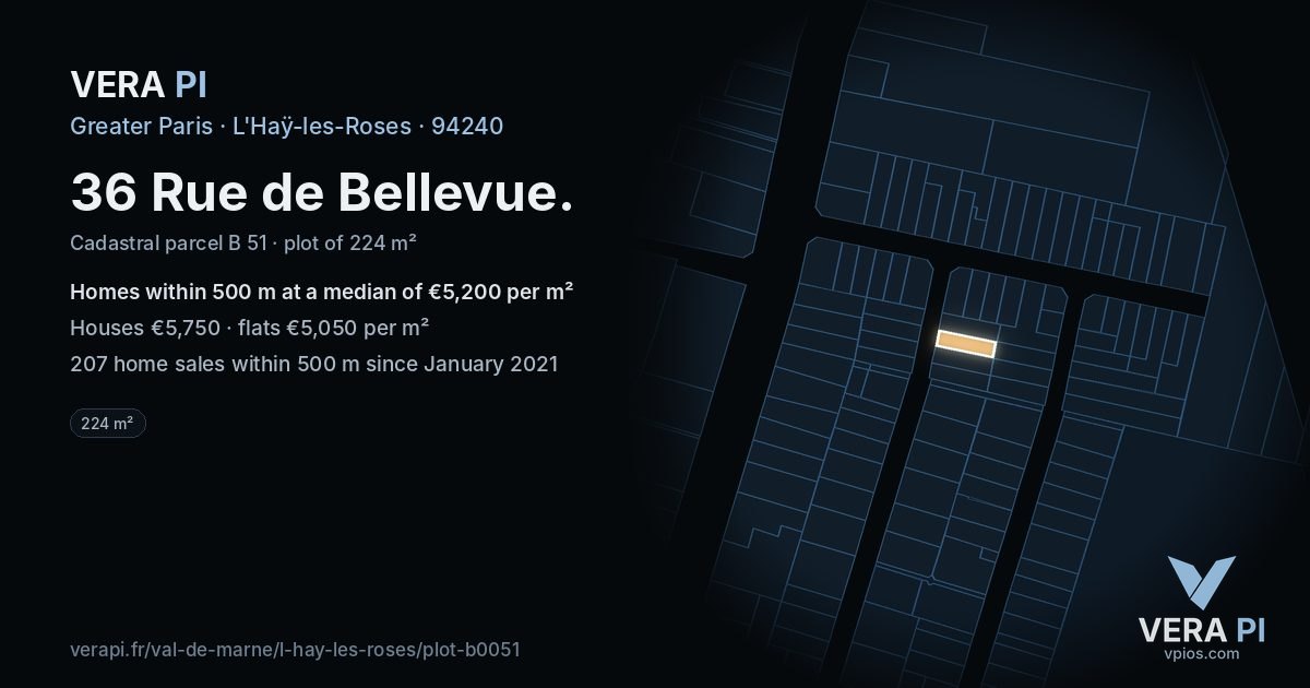 36 Rue de Bellevue, L'Haÿ-les-Roses at night – the plot lit, the parcels around coloured by the prices near them